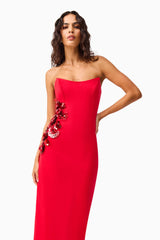 Brunette model wearing the Yasmine Strapless Maxi Dress in Red close up shot 