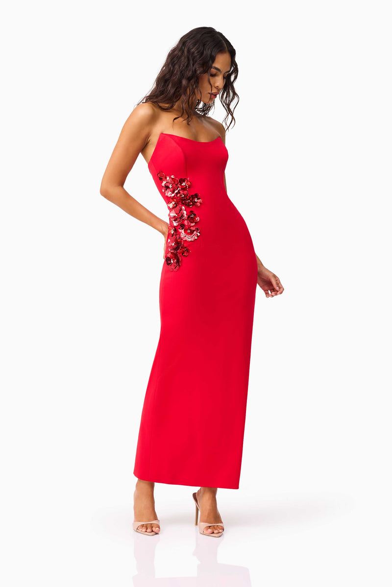 Brunette model wearing the Yasmine Strapless Maxi Dress in Red posed shot 