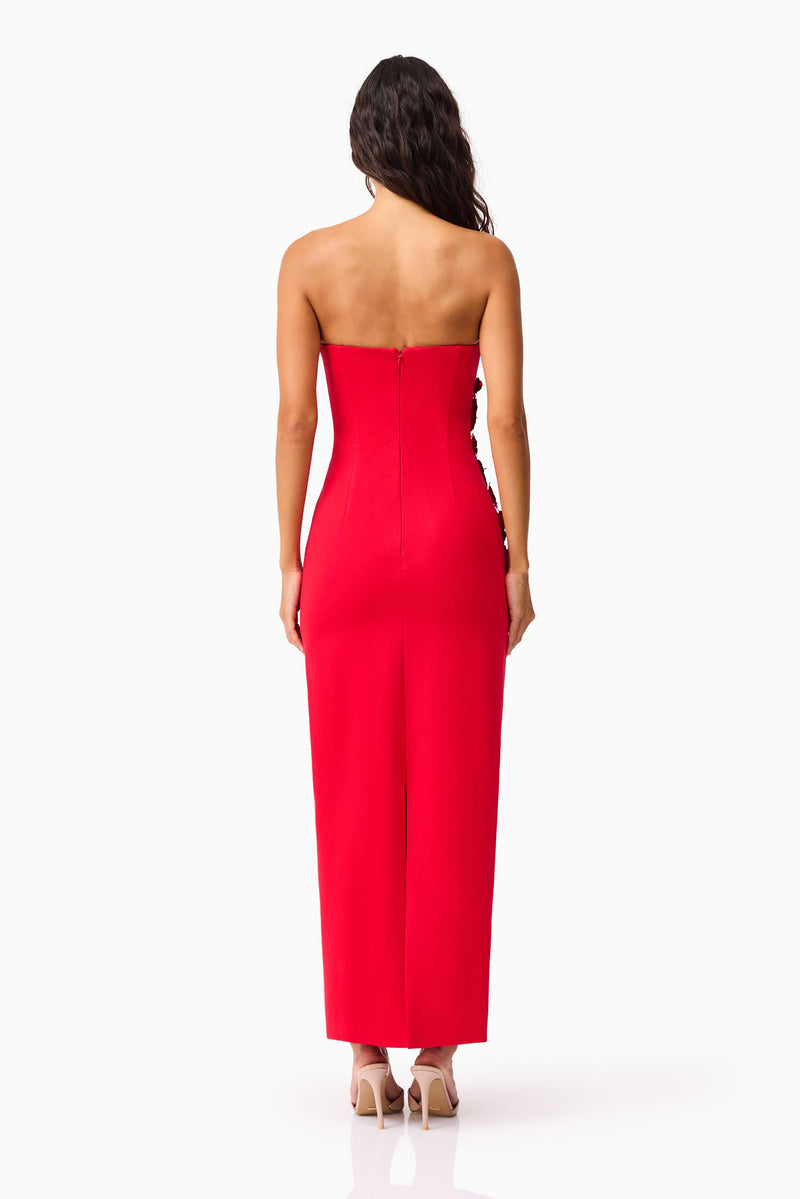 Brunette model wearing the Yasmine Strapless Maxi Dress in Red back shot 