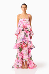 Brunette model wearing the Armani Tiered Maxi Dress in Pink Floral front shot
