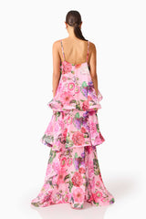 Brunette model wearing the Armani Tiered Maxi Dress in Pink Floral back shot
