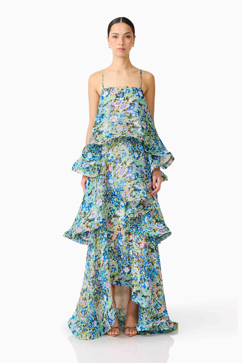 Armani Tiered Maxi Dress - Blue Floral - S