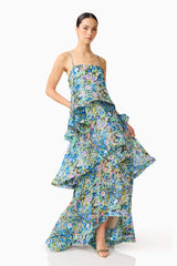 Brunette model wearing the Armani Tiered Maxi Dress In Blue Floral posed shot
