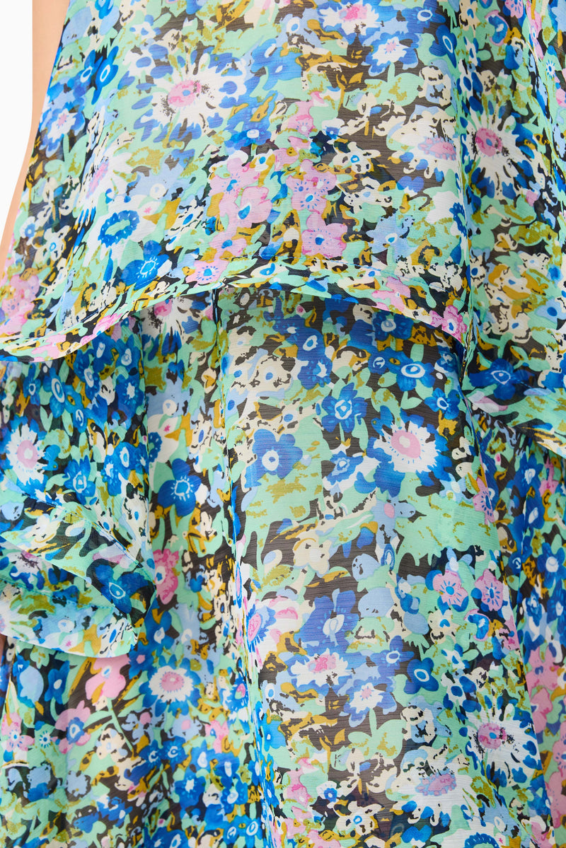 Brunette model wearing the Armani Tiered Maxi Dress In Blue Floral detail shot