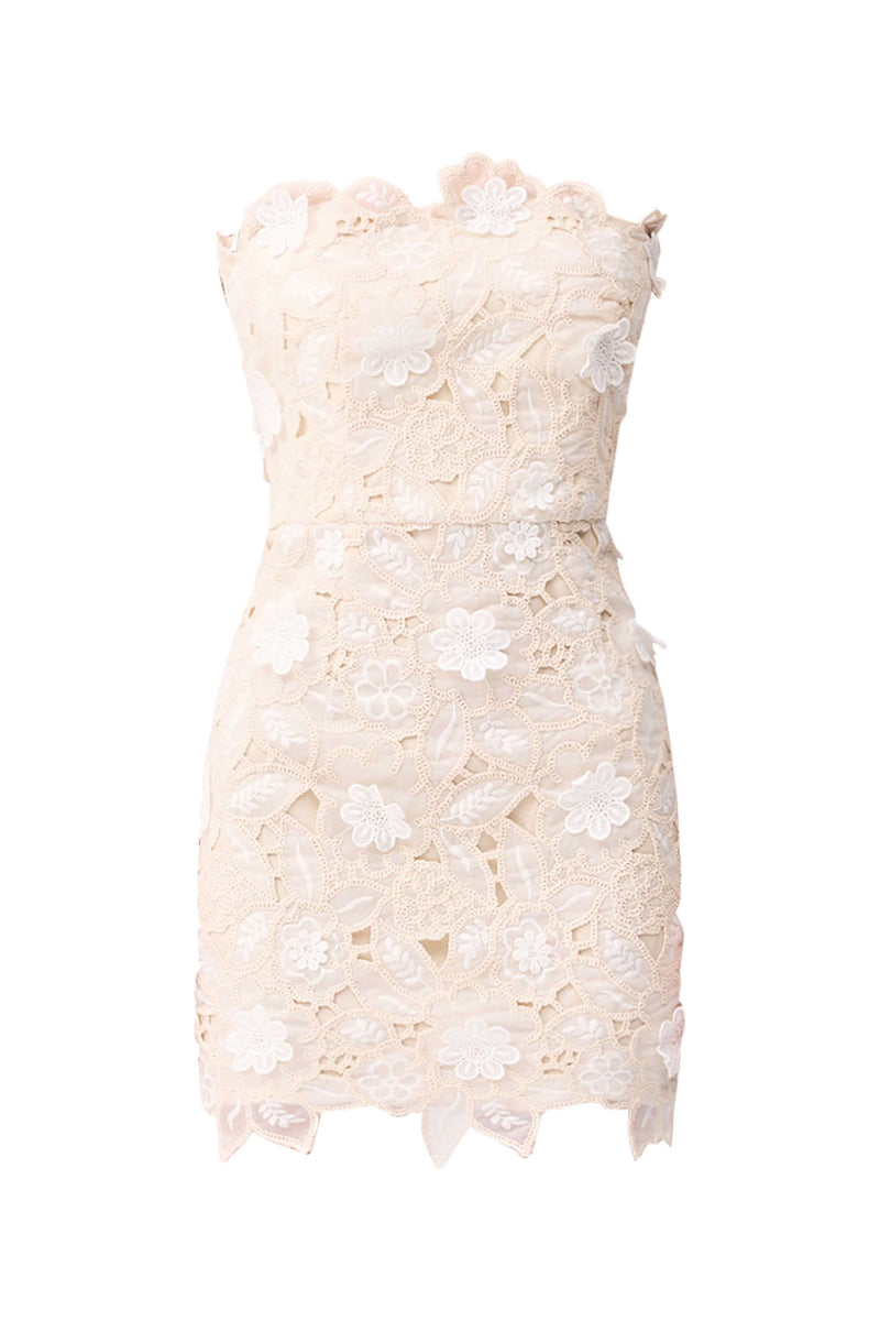 Sienna Strapless Mini Dress in Cream | Embroidered Lace Detail Elliatt Sienna Strapless Mini Dress in Cream | Embroidered Lace Detail Elliatt
