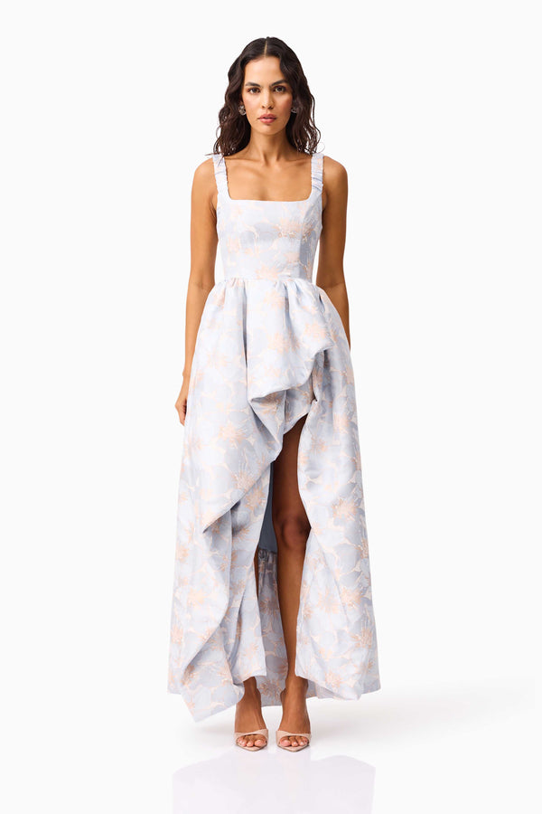 Brunette model wearing the Fiorella Jacquard Gown in Blue front shot