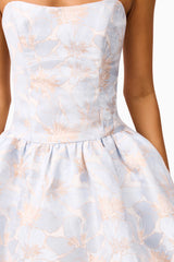 Brunette Model wearing the Fiorella Jacquard A-Line Mini Dress in Blue detail shot