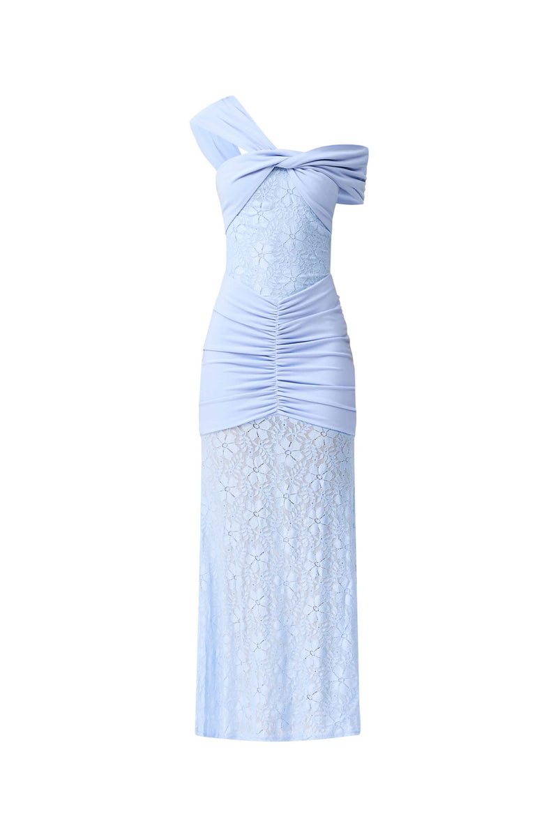 Valencia Lace Gown in Blue | Contrast Lace & Asymmetric Neckline Elliatt Valencia Lace Gown in Blue | Contrast Lace & Asymmetric Neckline Elliatt