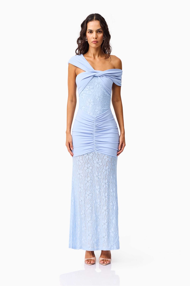 Brunette model wearing the Valencia Lace Gown in Blue front shot