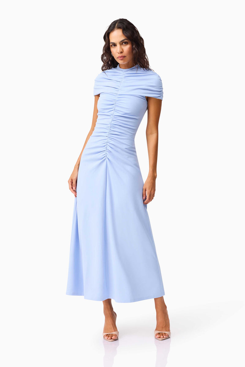 Valencia High Neck Maxi Dress in Blue | Gathered Detailing Elliatt Valencia High Neck Maxi Dress in Blue | Gathered Detailing Elliatt