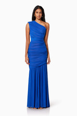 model wearing is VIENNA FITTED MAXI GOWN IN BLUE front shot