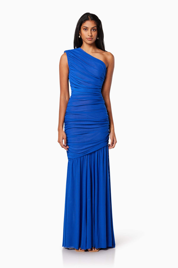 model wearing is VIENNA FITTED MAXI GOWN IN BLUE front shot