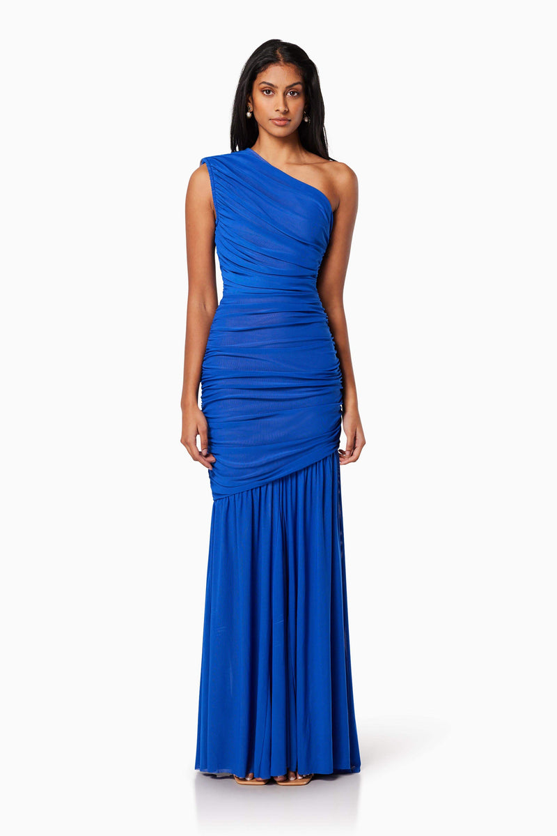 model wearing is VIENNA FITTED MAXI GOWN IN BLUE front shot