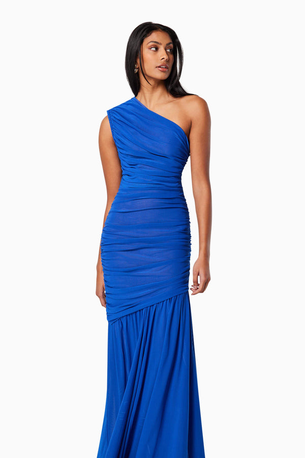 model wearing is VIENNA FITTED MAXI GOWN IN BLUE front shot
