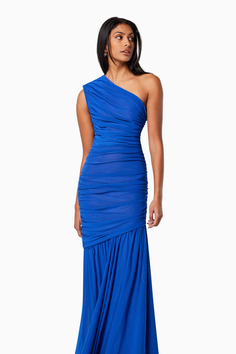 model wearing is VIENNA FITTED MAXI GOWN IN BLUE front shot