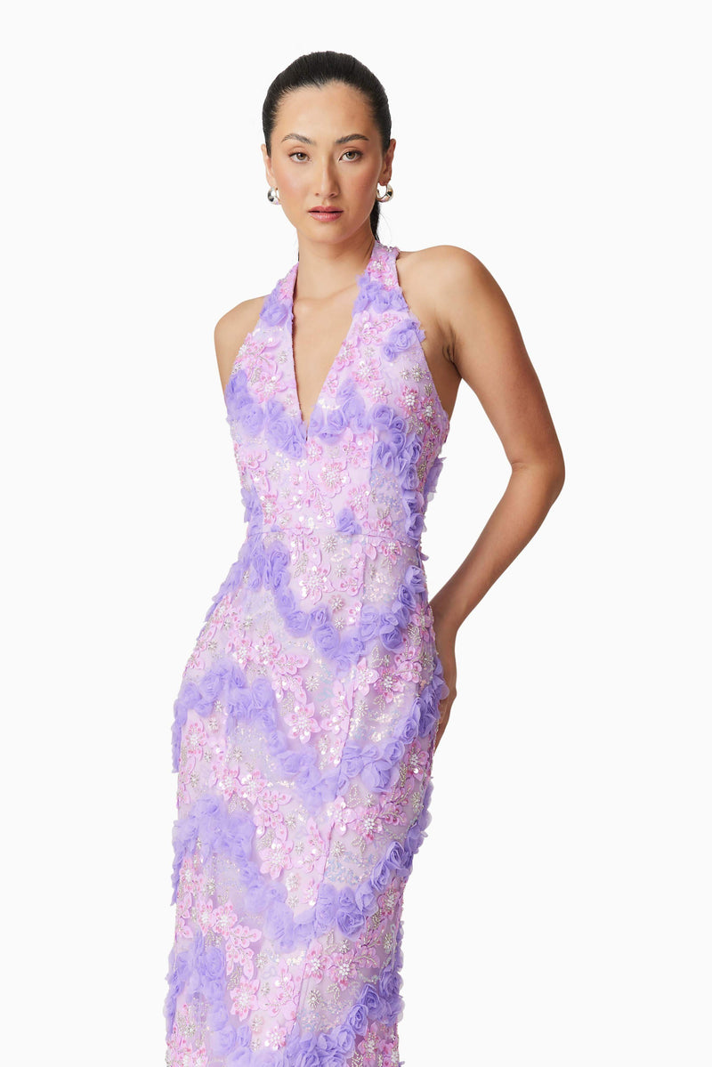 Vonni Halter Maxi Dress in Purple | 3D Floral Mesh Elliatt Vonni Halter Maxi Dress in Purple | 3D Floral Mesh Elliatt