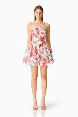 Blonde model wearing the Roselle Strapless Mini Dress Pink Floral front shot 