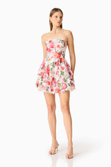 Blonde model wearing the Roselle Strapless Mini Dress Pink Floral posed shot 