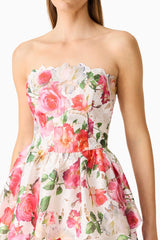 Blonde model wearing the Roselle Strapless Mini Dress Pink Floral detail shot 