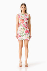 Blonde model wearing the Roselle Shift Mini Dress Pink Floral front shot