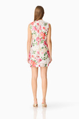 Blonde model wearing the Roselle Shift Mini Dress Pink Floral back shot