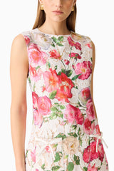 Blonde model wearing the Roselle Shift Mini Dress Pink Floral close up shot