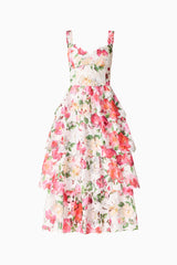 Roselle Tiered Midi Dress Pink Floral ghost shot