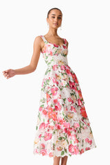 Brunette model wearing the Roselle Tiered Midi Dress Pink Floral close up shot