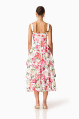 Brunette model wearing the Roselle Tiered Midi Dress Pink Floral back shot