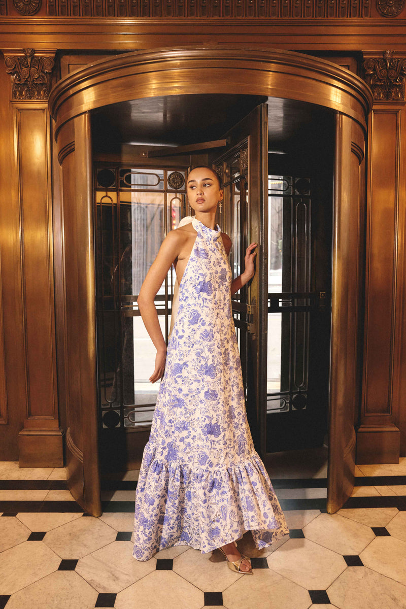 Elin Halter Gown in Blue Floral Elliatt Elin Halter Gown in Blue Floral Elliatt