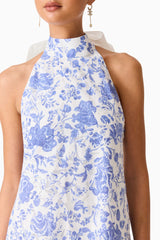Brunette model wearing the Elin Halter Gown in Blue Floral detail shot