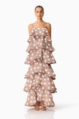 Brunette model wearing the Sola Tiered Maxi Dress in Brown Polkadot front shot