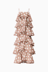 Sola Tiered Maxi Dress in Brown Polkadot ghost shot