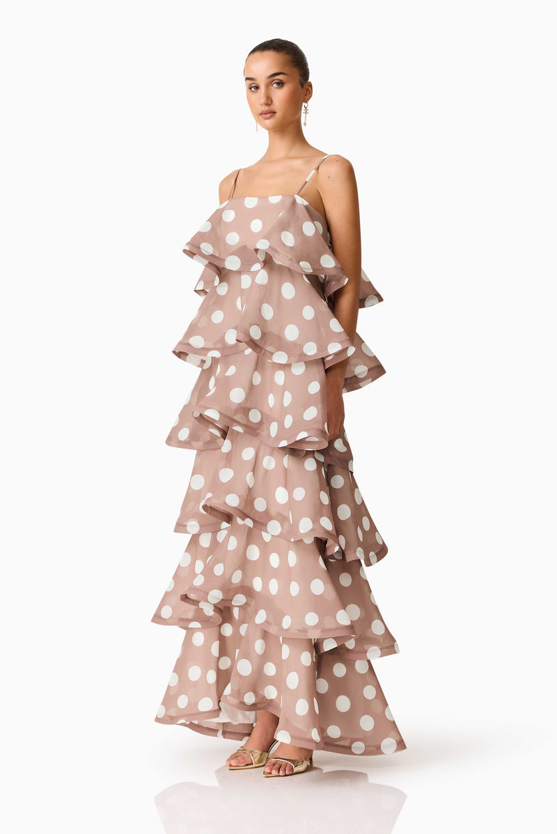 Sola Tiered Maxi Dress - Brown Polkadot - XL