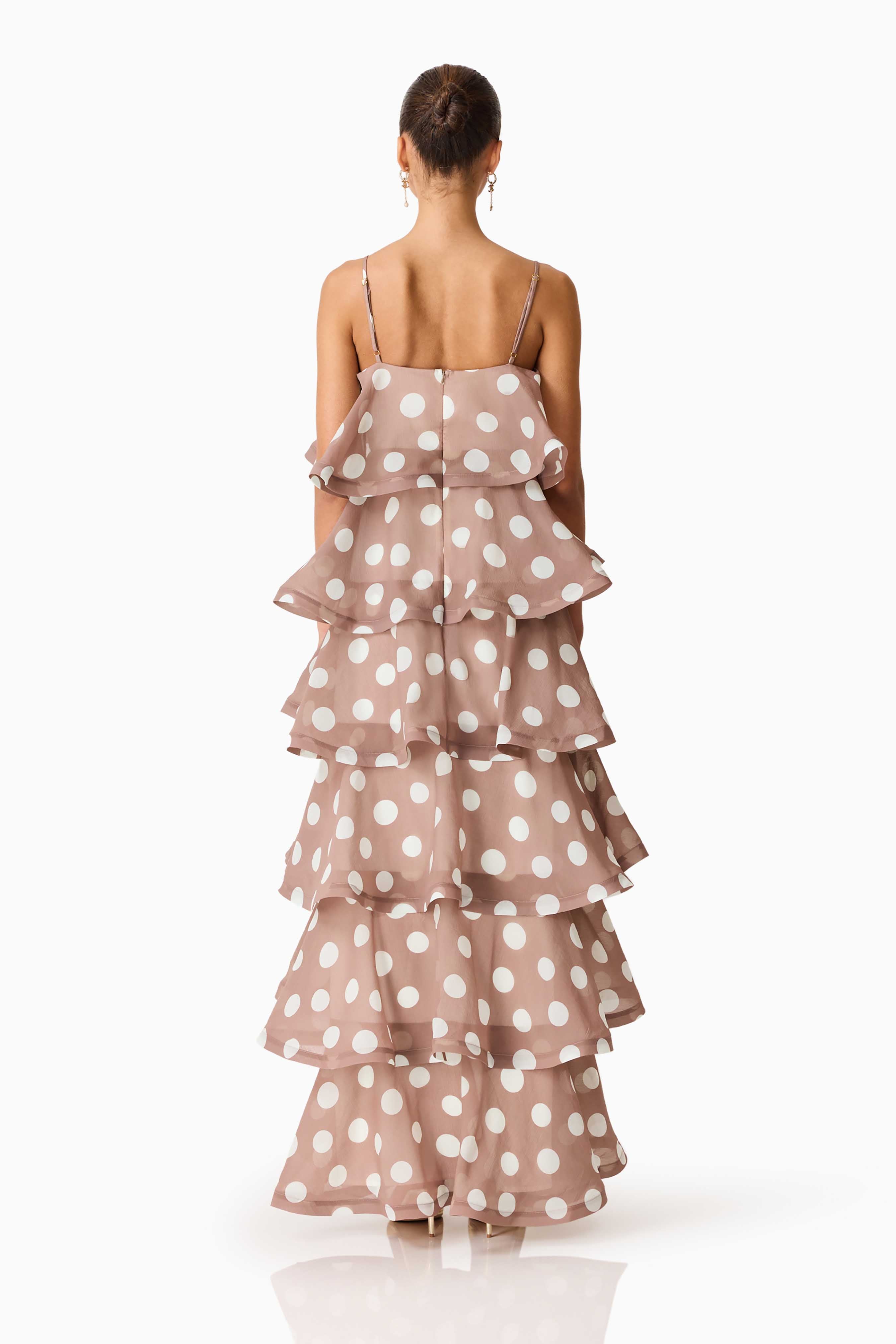 Sola Tiered Maxi Dress in Brown Polkadot – Elliatt
