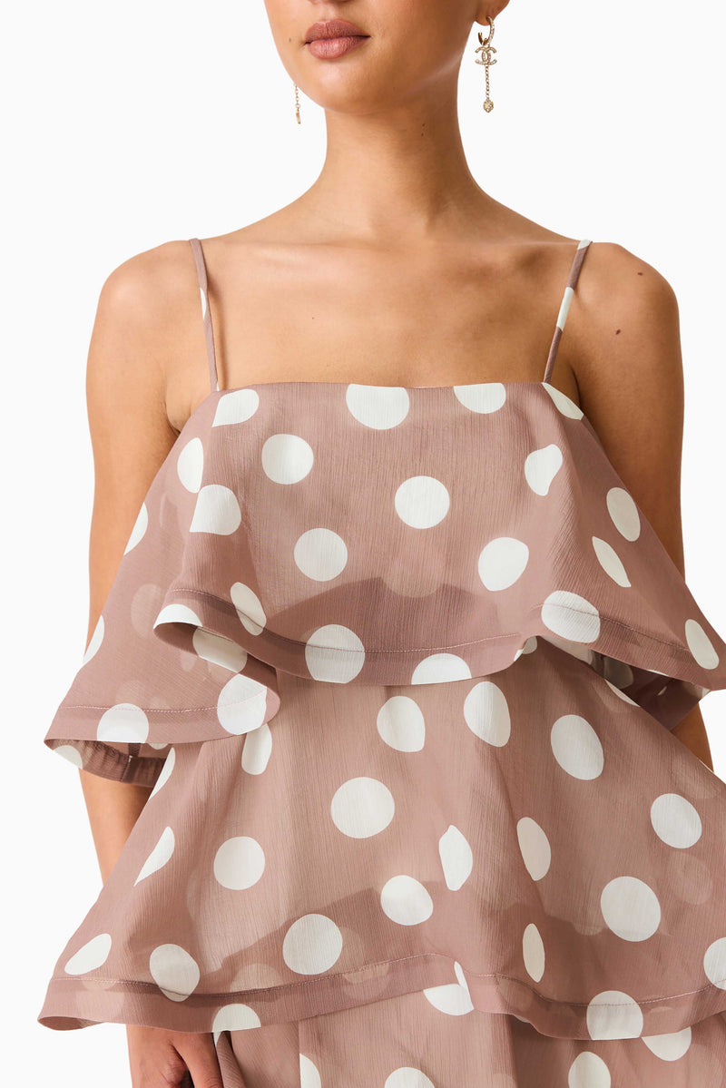 dot maxi dress in brown & ivory dot majorelle Sola Tiered Maxi Dress in Brown Polkadot – Elliatt