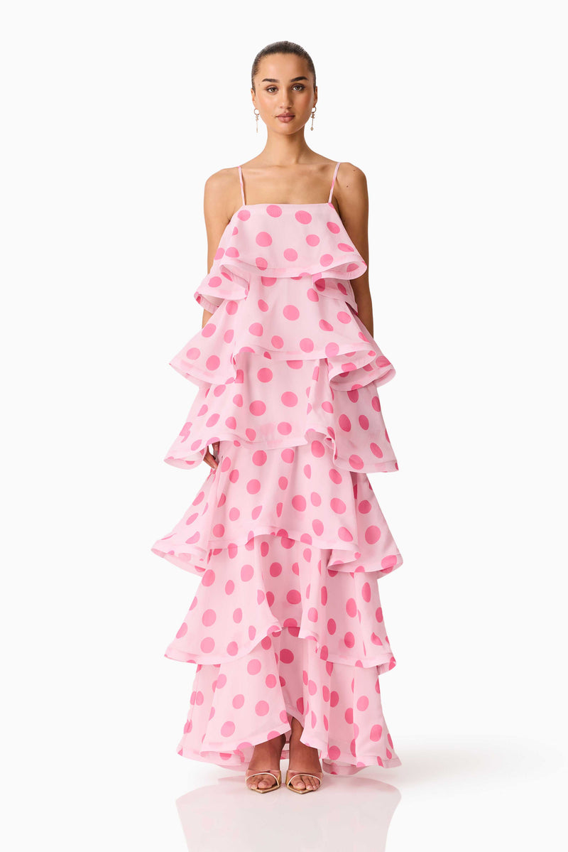 Sola Tiered Maxi Dress in Pink Polkadot – Elliatt