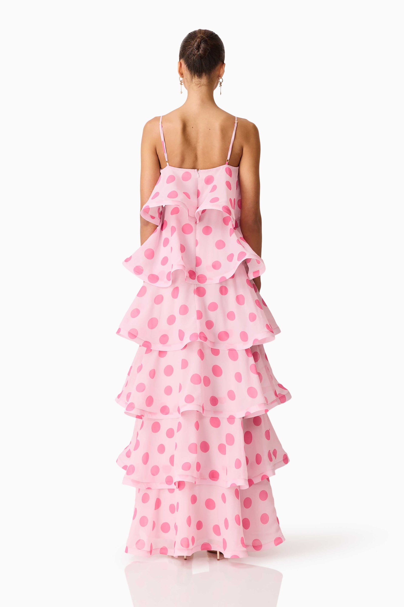 Sola Tiered Maxi Dress - Pink Polkadot - L