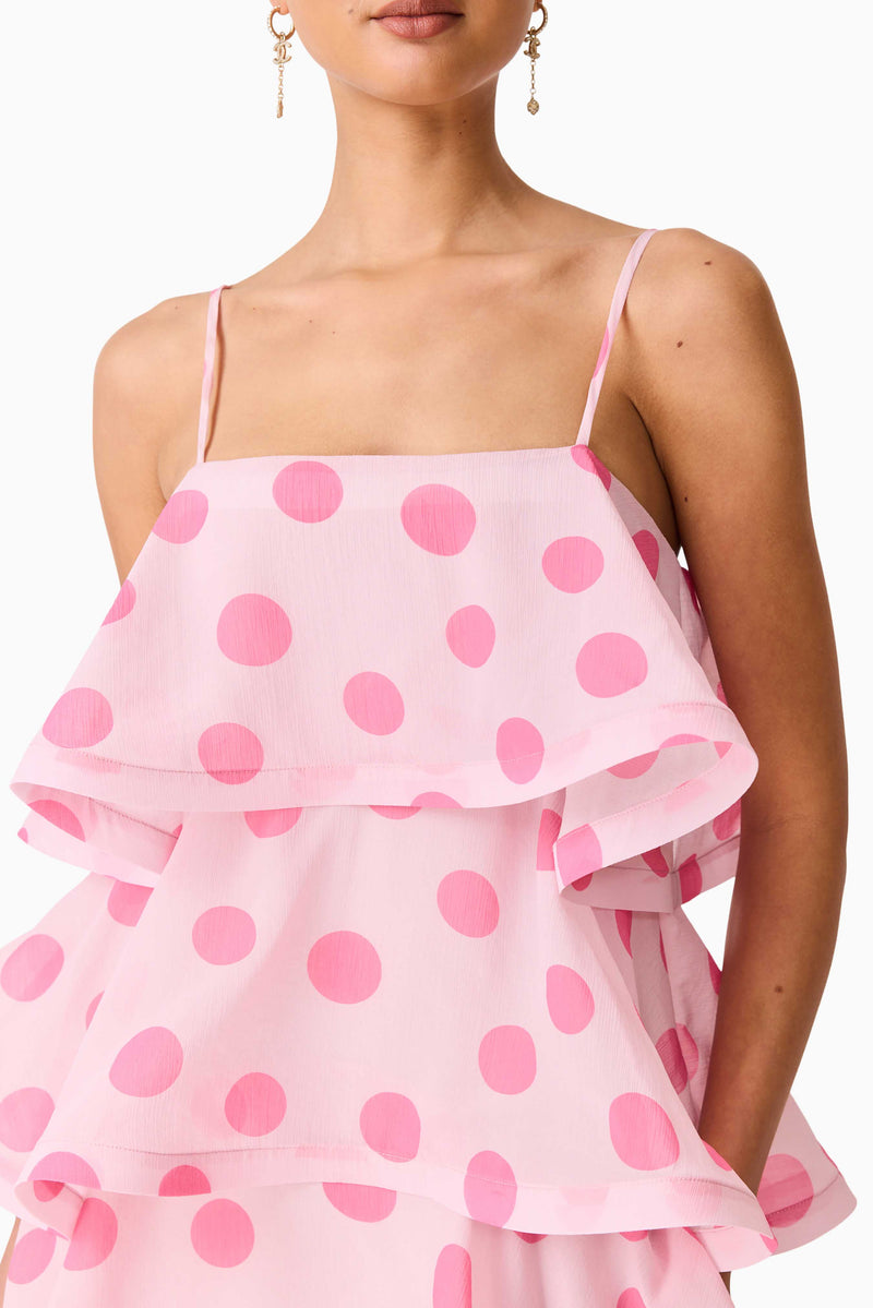 Sola Tiered Maxi Dress in Pink Polkadot Elliatt Sola Tiered Maxi Dress in Pink Polkadot Elliatt
