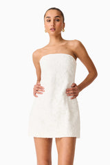 Brunette model wearing the Edelie Lace Mini Dress in White close up shot
