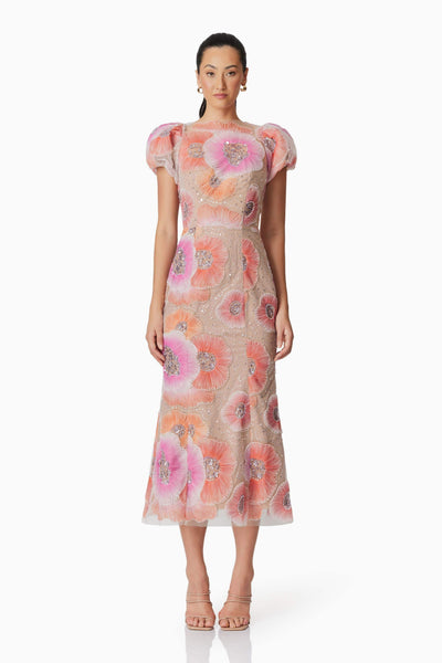 green emerald velvet dress Brittany Floral Midi Dress in Pink