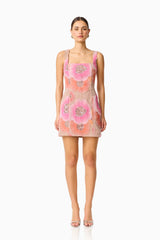 Brittany Floral Mini Dress in Pink with diamanté embellishments & floral mesh fabrication front shot