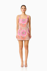 Brittany Floral Mini Dress in Pink with diamanté embellishments & floral mesh fabrication front shot