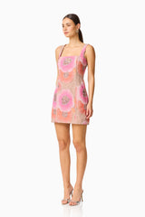 Brittany Floral Mini Dress in Pink with diamanté embellishments & floral mesh fabrication side shot