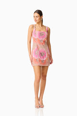 Brittany Floral Mini Dress in Pink with diamanté embellishments & floral mesh fabrication posed shot