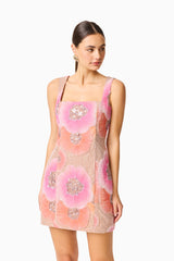 Brittany Floral Mini Dress in Pink with diamanté embellishments & floral mesh fabrication close up shot