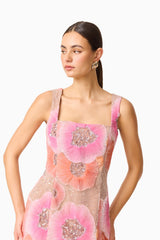 Brittany Floral Mini Dress in Pink with diamanté embellishments & floral mesh fabrication close up shot