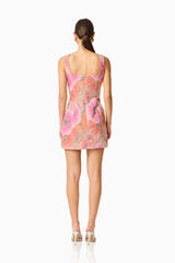Brittany Floral Mini Dress in Pink with diamanté embellishments, floral mesh fabrication & zipper back back shot 