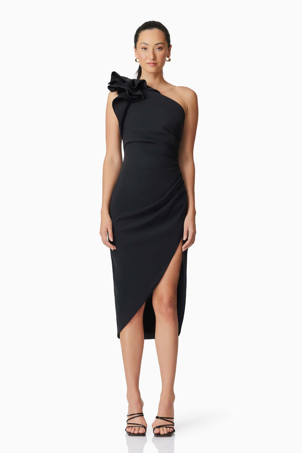 Brunette model wearing Hazelle One Shoudler Midi Dress in Black front shot
