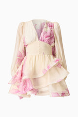 Rova Long Sleeve Mini Dress in Cream & Pink Floral ghost shot